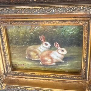 Wild Bunny Rabbits Painting Oil on Wood Signed by Artist and Gold Framed